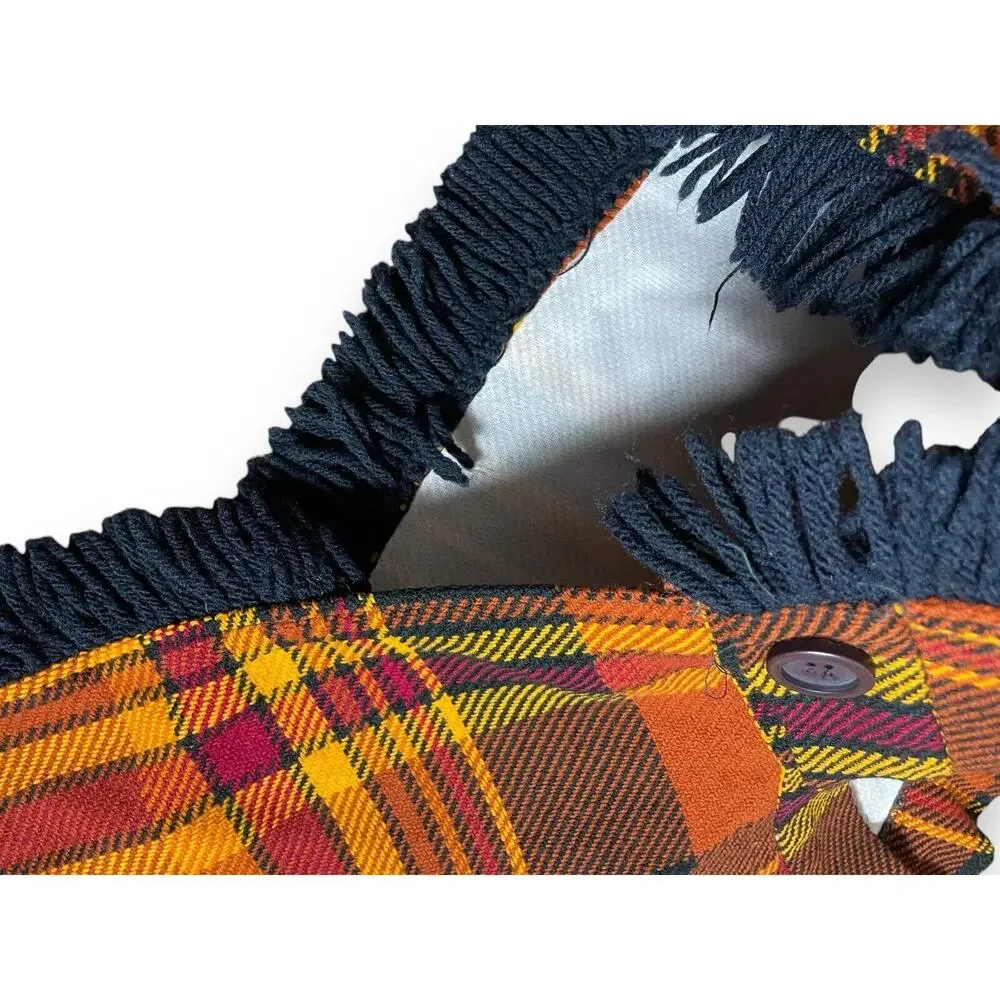 Vintage Handmade Fall Plaid Colorful Kids Poncho Black Fringe One Size Fits Most